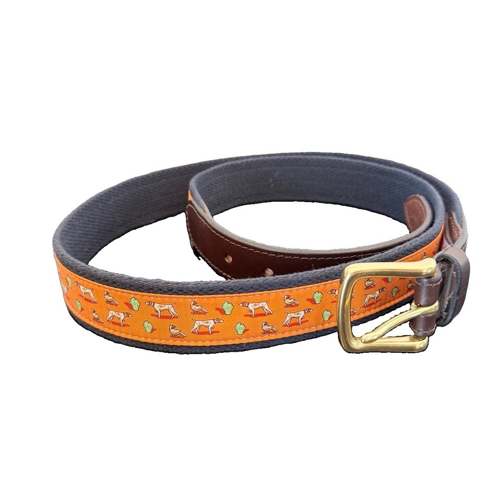 Vineyard Vines Men's Canvas Leather Belt Preppy Dogs Orange Sz 44 Made in USA